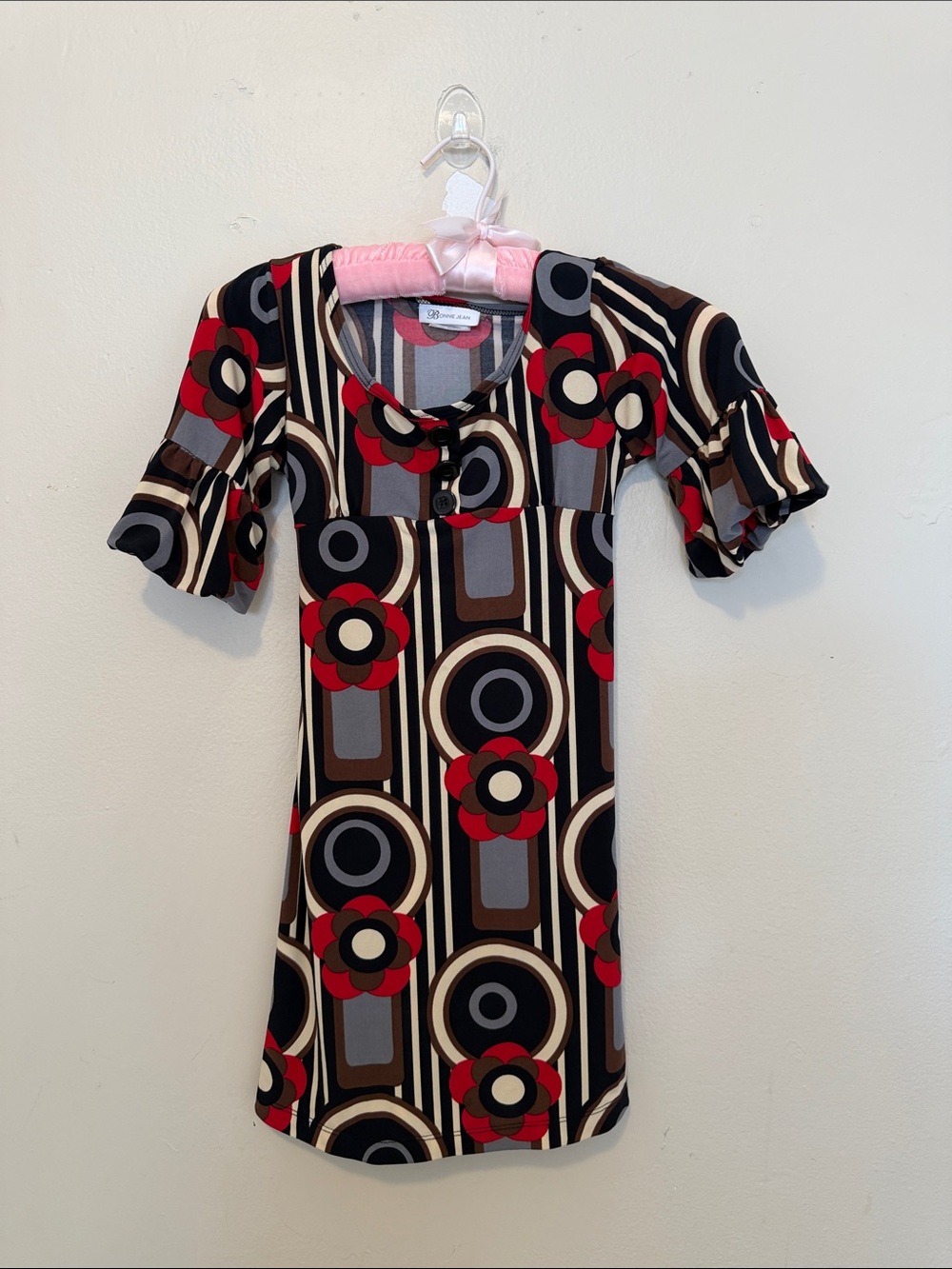 Bonnie Jean Retro Floral Geometric Dress in Red and Brown